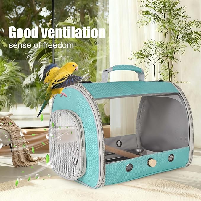 Long Tail Portable Bird Travel Carrier Cage with Metal Tray Soft Mat and Wooden Standing Perch, Hands Free Lightweight Clear 2 Windows Carry Bag for Parakeet Budgies Cockatiel Transport to Vet