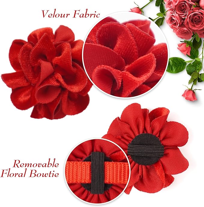 azuza 2 Pack Cat Collar Floral with Bell and Removable Flower Bowtie Breakaway Adjustable Velvet Fabric Cat Collar for Pets and Daily Decoration，Wine Red & Rose Pink