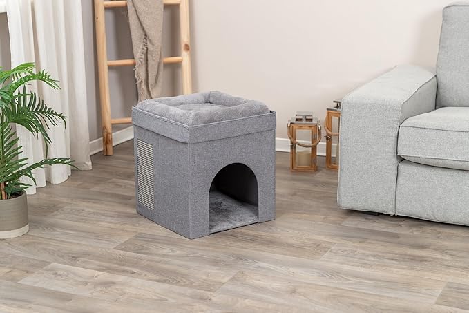 Trixie Crazy Cube Stackable Cat Condo with Sisal Scratching Surface & Reversible Plush Cushion – Tool-Free Assembly, Collapsible Modular Indoor Cat Furniture, Sturdy MDF Cave, Supports up to 35 lbs