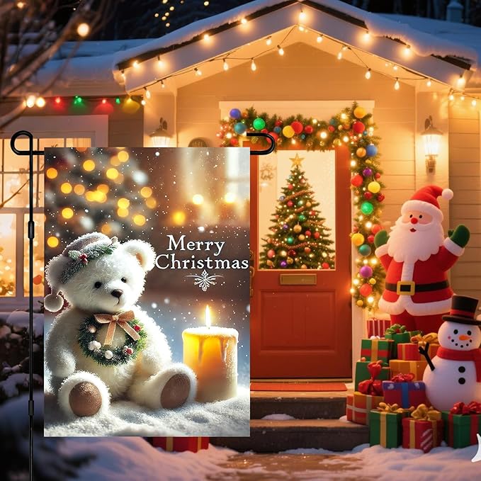 Christmas Garden Flag 12x18 Inch Merry Christmas Bear Flag Double Sided Holiday Banner Outdoor Winter Yard Decoration for Porch Lawn Home