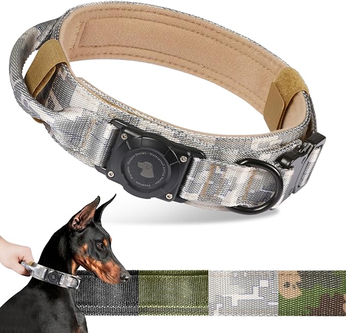 2026 Upgrade Waterproof AirTag Dog Collar, Military Tactical Dog Collar with AirTag Holder, Comfortable Control Handle and Metal Buckle, GPS Dog Collar Holder for Medium to Large Dogs (Digital camo,L)