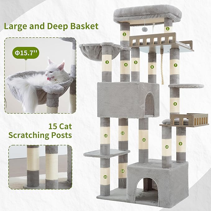 Maine Coon Cat Tree, Heavy Duty Cat Tree for Indoor Cats Large Adult, Cat Tower for Large Cats 20 lbs+ with Hammock, 2 Big Perches, 2 Cat Condos, 15 Scratching Posts, Light Gray GCT033W