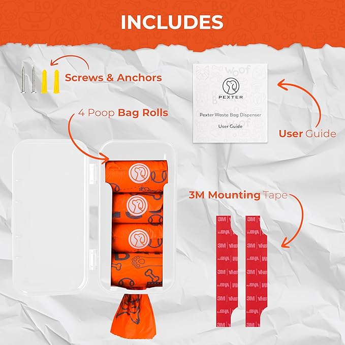 Dog Poop Bag Dispenser - Outdoor or Indoor Pet Waste Bag Dispenser Station - Stick-On or Screw-On Wall Mount - Poop Bags Storage Outdoor Container - Includes 4 Doggie Bag Rolls (White)