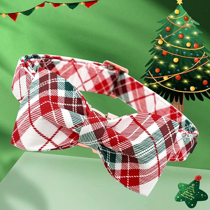 Dog Collar, Christmas Dog Collar Plaid Pet Collar Bow Holiday Bows Girl Boy Puppy Collar Adjustable Pet Collar for Small Dogs