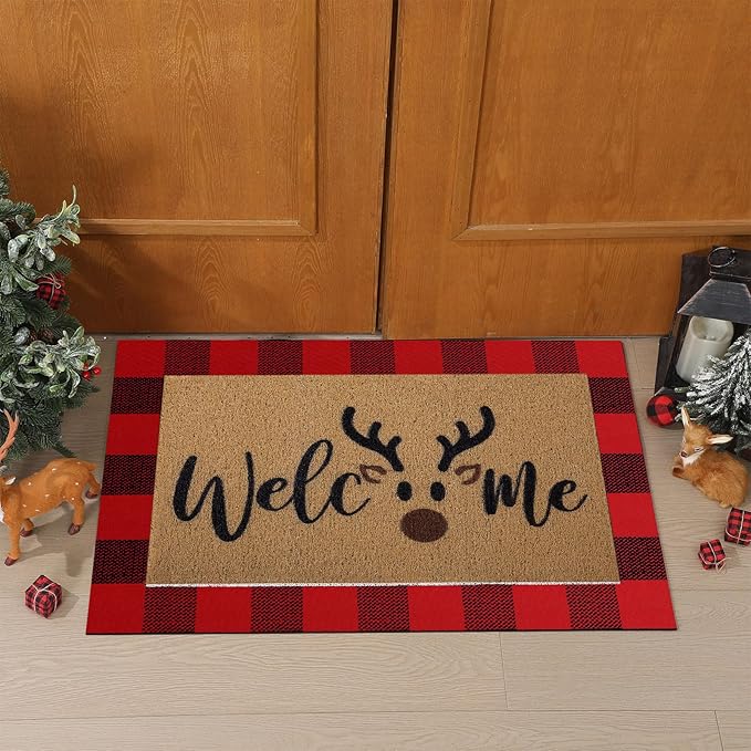 Tinideya 2 Pcs Door Mat Welcome Non Slip Coir Mats Floor Layering Doormats Seasonal for Front Porch Entryway Decor(Brown Elk)