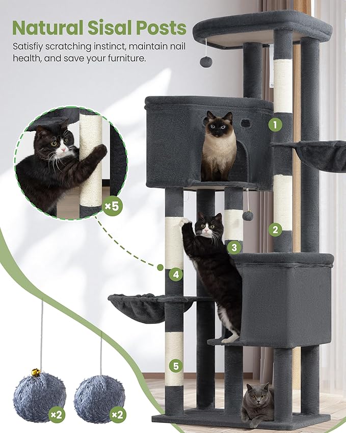 Extra Large Cat Tree, 84 Inch XXL Giant Cat Tower for Indoor Cats Large Adult 20lb+, Multi-Level Cat Climbing Condo with 5 Scratching Posts, 3 Wide Platform Perches, 2 Baskets, 2 Cat Caves, Dark Grey