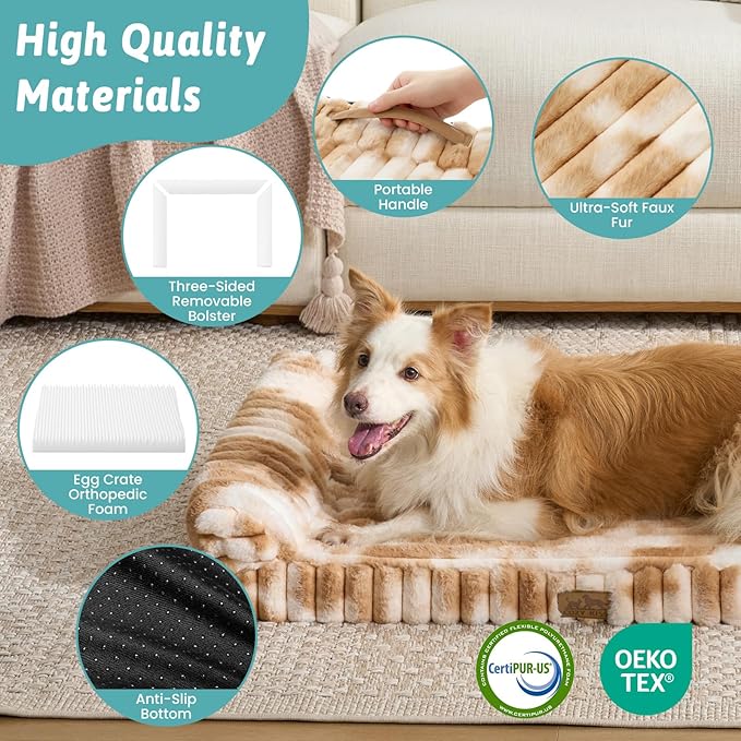 Cute Dog Bed for Large Dogs, Faux Rabbit Fur Orthopedic Foam Dog Bed with Sides, Removable Washable Cover & Waterproof Lining, Comfortable Pet Couch, Tie-Dye Brown (44" L x 32" W x 7" Th)
