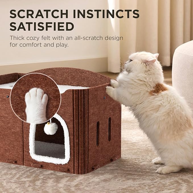 Joydeco Cat House for Indoor Cats, Extra Wide Scratch Resistant Felt Cat Condo, Hideaway Pet Cave Bed with Fluffy Ball and Tunnel for Kitten, Small Dogs, Rabbits, 22.4 x 13.7 x 14.9, Coffee