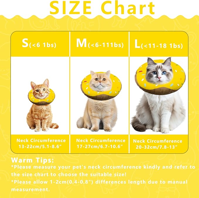 Cat Cone Collar Soft, Adjustable Cat Recovery Collars Kitten Cones to Stop Licking, Cute Donut Collar After Surgery, Cats Neck Pillow Cone Elizabethan Cones of Shame (Waterproof Yellow, Medium)