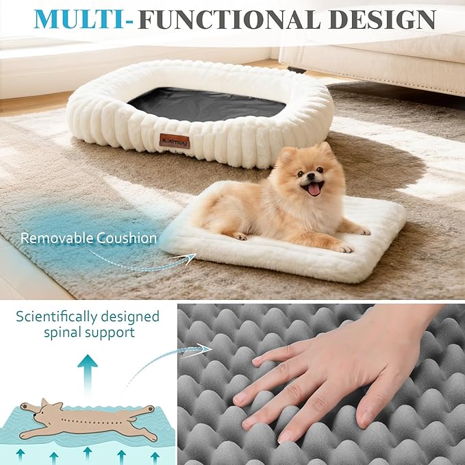 Orthopedic Dog Bed for Small Medium Dogs & Cats - Soft Furry Puppy Bed with Removable Washable Cover & Anti-Slip Bottom, Calming Rectangle Cat & Puppy Bed for Indoor Pets, 25x21x4inches, Cream