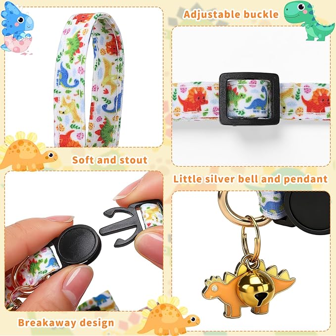 3 PCS Cat Collars with Bow Tie and Bell, Cat Collars Dinosaurs Pattern Breakaway Adjustable Cat Bow Tie Collars, Cute Bow Tie Suitable for Kittens Or Certain Puppies