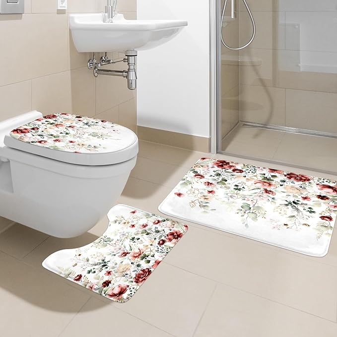 4 PCS Red Burgundy Floral Flower Shower Curtain Set 72Wx72H Inch Watercolor Pastel Complete Bathroom Set Non-Slip Bath Rug Toilet Lid Cover and U Shape Mat Accessories 12 Hooks Bathoom Decor