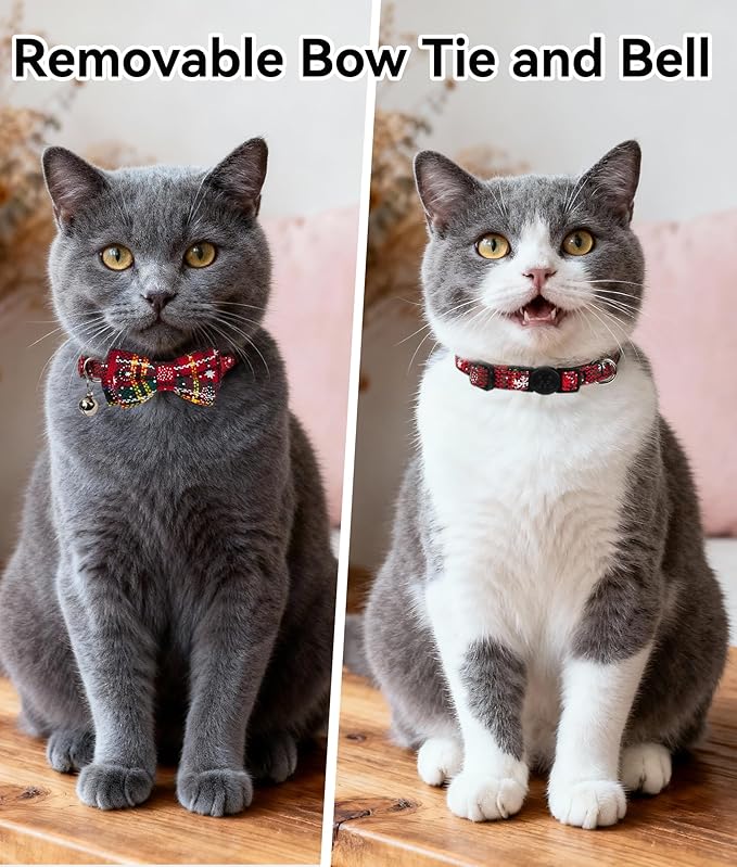 Joytale Upgraded Christmas Cat Collar with Bells, Breakaway Cat Collars with Bow Tie, 1 Pack Girl Boy Safety Plaid Kitten Collars, Christmas Red