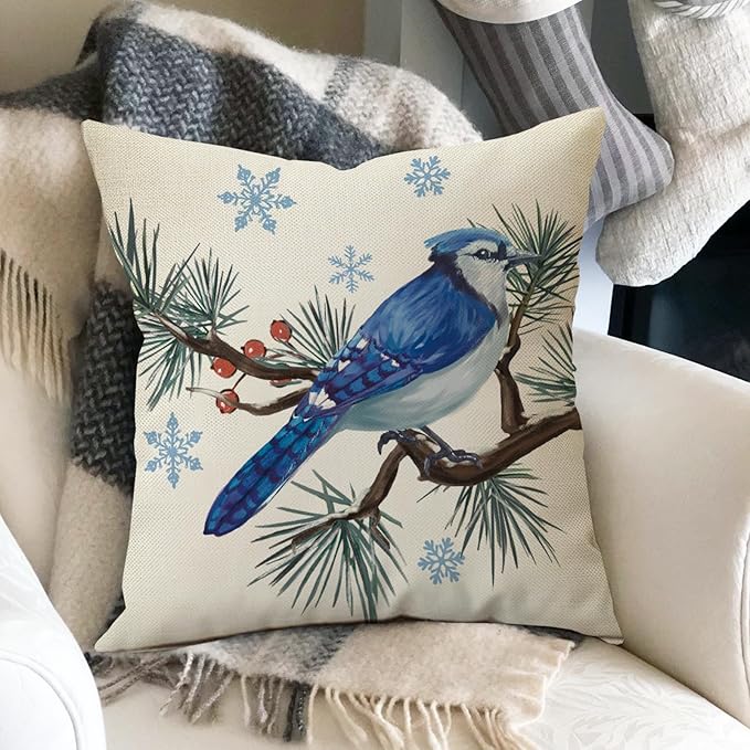 Fahrendom Hello Winter Bluebird Decorative Throw Pillow Covers 18x18 Set of 4, Let It Snow Blue Jay Branch Porch Patio Outdoor Pillowcase, Christmas Pine Needle Red Berry Sofa Cushion Case Home Decor