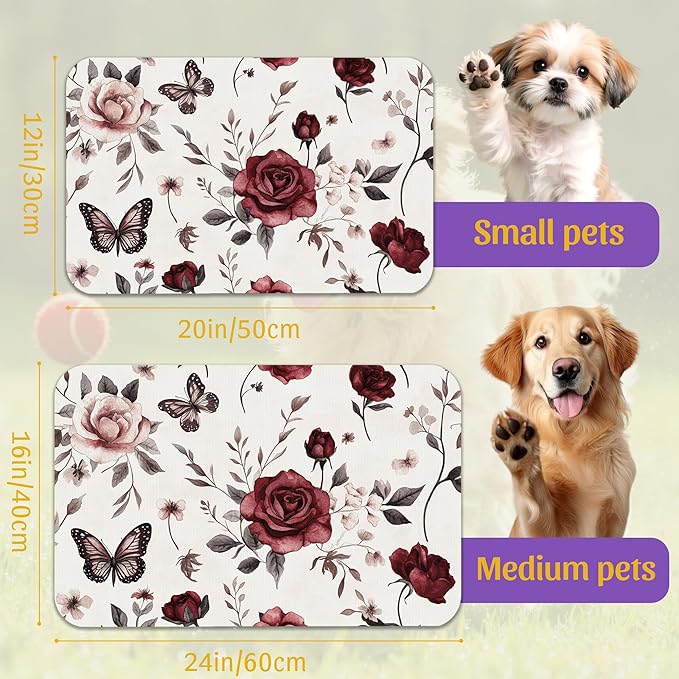 Vintage Flower Butterfly Dog Cat Food Mat, Absorbent Feeding Placemat, Waterproof Non-Skid Bottom – 12x20 Inch