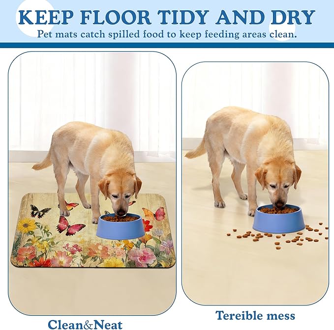 Vintage Butterfly Floral Pet Food Mat for Cats and Dogs–Christmas Stocking Absorbent Quick Dry Feeding Placemat, Non Slip Rubber Base, Waterproof Bowl Mat for Indoor Use, Pet Supplies 12"x20"