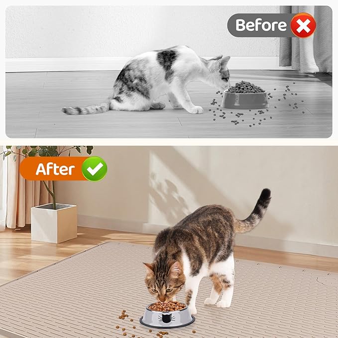 Cat Food Mat, 57" x 40" Extra Large Silicone Pet Feeding Mat with Raised Edge Pet Placemat for Food and Water Bowl Non-Slip, Easy to Clean, Floor Protection (Khaki)