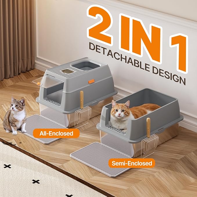 Stainless Steel Litter Box with Lid, 6” Deep Pan, Extra Large Litter Box for Big Cats, Anti-Leakage, Odor Free, Front & Top Dual Entry, Includes Litter Mat & Metal Scoop