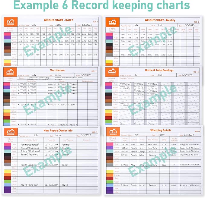GAMUDA 15Pcs Newborn Puppy Collars, Super Soft Nylon Adjustable Whelping ID Bands, Assorted Colors Litter Identification Set with 6 Record Keeping Charts
