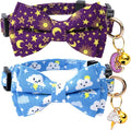 2 Pack Cotton Cat Collar with Bow Tie and Bell for Girl Boy Cats,Cute Pink Flamingo and Blue Whale Pattern Spring Summer Breakaway Cat Collar for Male Female Cats (Moon&Cloud)