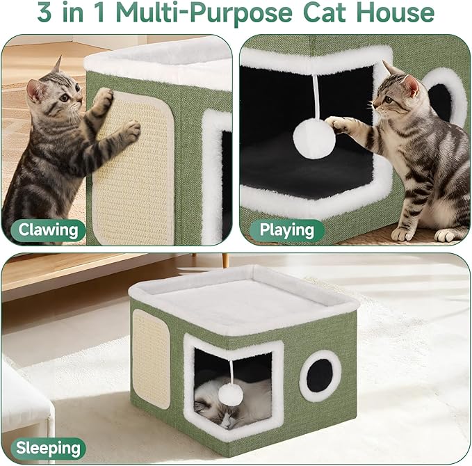 Shikha Cat Beds for Indoor Cats, Large Cat Cave with Cozy Condo, Fluffy Ball, Round Window, Foldable Indoor Cat House Hold Up to 30LBS, Cat Hideaway with Reversible Cushions for All Seasons, Green