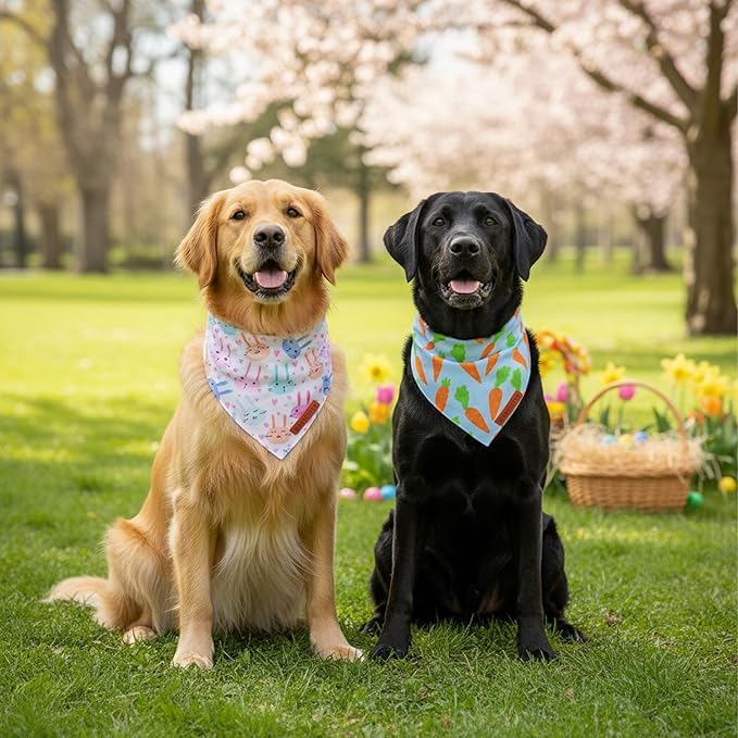 ADOGGYGO Easter Dog Bandanas 2 Pack, Reversible Bunny Carrot Print Puppy Scarf, Premium Fabric, Adjustable Fit Easter Bandana for Extra Large Dogs (X-Large)