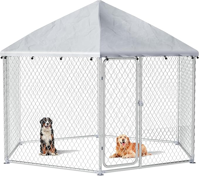 9.1x9.1 FT Outdoor Dog Kennel Heavy Duty Dog Enclosure with Waterproof Cover and Security Lock, Galvanized Wire Mesh Hexagonal Large Dog Kennel(109.4x109.4x95.3IN)