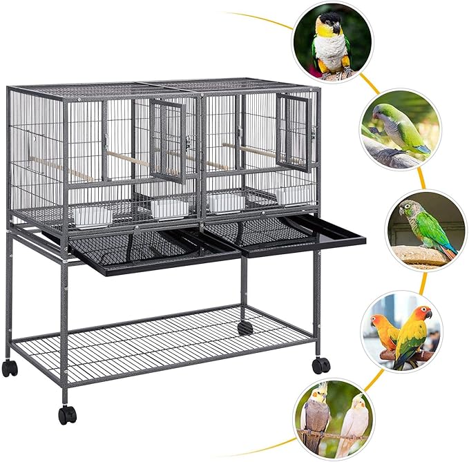 Yaheetech 41.5" Stackable Divided Breeder Breeding Parakeet Bird Cage for Canaries Cockatiels Lovebirds Finches Budgies Small Parrots with Rolling Stand, Black