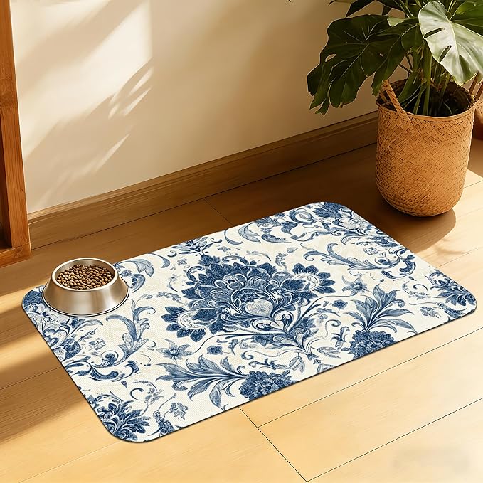 Vintage Floral Paisley Pet Feeding Mat, Absorbent Dog Cat Bowl Pad, Quick Dry, No Stains, Non-Slip Backing – 16x24 Inch