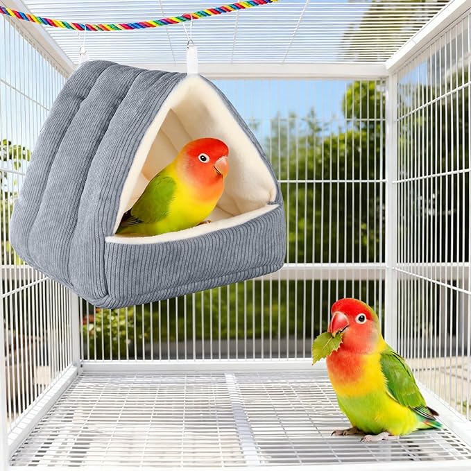 Medium Winter Warm Bird House and Bird Bed for Cage with Soft Plush Hanging Hammock & Hut Tent, Hideaway Sleeping Nest for Budgies, Parakeets, Cockatiels (Grey, M)