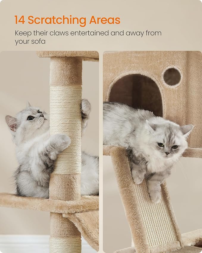 Feandrea Cat Tree, 81.1-Inch Large Cat Tower, Multi-Level Plush Condo with 13 Scratching Posts, 2 Perches, 2 Caves, Basket, Hammock, Pompoms, Camel Brown UPCT190K01