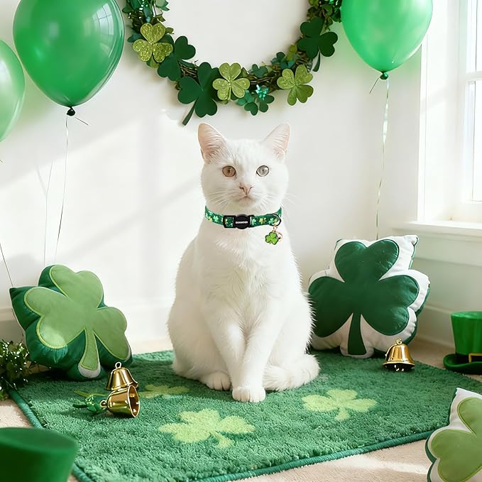 2 Pack St.Patrick's Day Kitten Collars,DOGWONG Cute Shamrock Breakaway Kitty Collars,Spring Green Trefoil Cat Collar with Bell, Lucky Clover Kitten Collars for Girl & Boy Cats