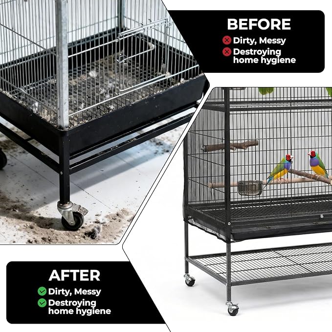 Large Bird Cage Cover Bird Cage Seed Catcher 118 x 31 Inches Adjustable Elastic Band Mesh Birdcage Cover Net Skirt for Parrot Parakeet Macaw African Cages (Black)