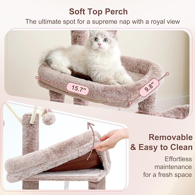 Heybly Cat Tree, 45.3-Inch Cat Tower for Indoor Cats with Large Perch, All-in-One Cat Furniture with Cozy Bed, Hidden Space Cat Condo, Comfy Hammock, Scratching Posts & 3 Pompoms, Muchroom HCT202SMU