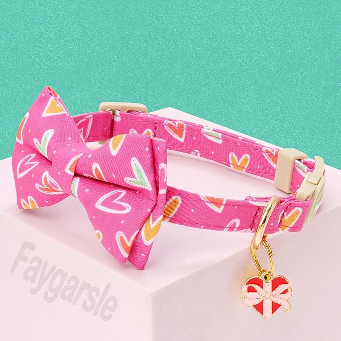 Faygarsle 2 Pack Breakaway Cat Collar with Bow and Bell, Heart Pattern, Pink, Adjustable Safety Buckle, Valentine's Day Theme