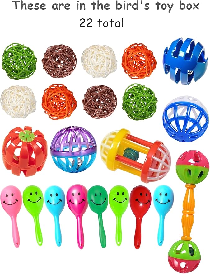 22-Pack Bird Toys for Parakeets & Small Birds – Colorful Cage Fun with Bells & Rattan Balls (1.6'' - 5.5'')