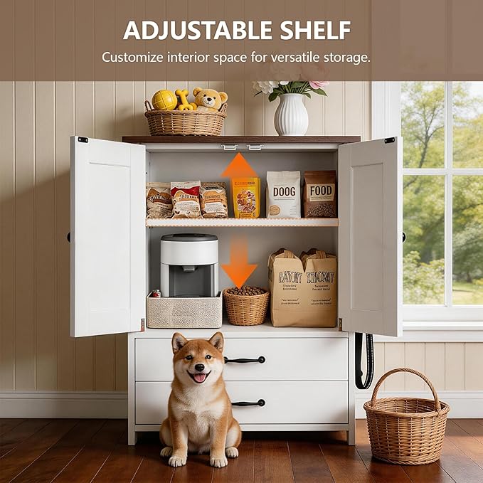 Dog Feeding Station with Storage Cabinet, 2 Adjustable Elevated Dog Bowls, Hidden Pull-Out Pet Feeder, Pet Food & Toy Organizer for Dogs & Cats