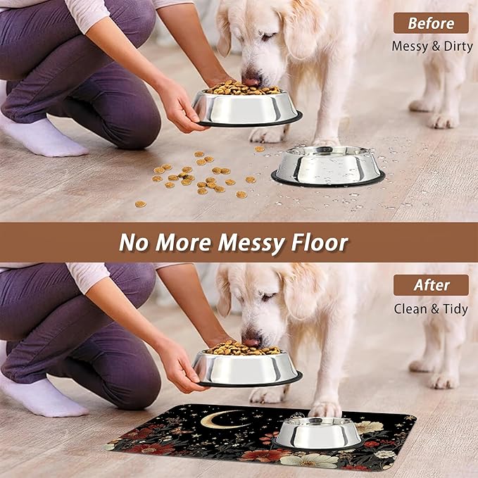 Moon Butterfly Pet Feeding Mat,Vintage Garden Luxury Absorbent Quick-Dry Cat Dog Food and Water Bowl Mats,Non-Slip Rubber Backing Mat,Cat Dog Accessories Supplies 16"x24"