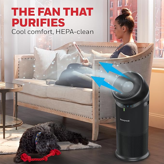 Honeywell Allergen Plus™ 3-in-1 HEPA Air Purifier, Fan & Air Circulator, 1928 Ft² Rooms in 1 hour, Air Quality Sensor, Sleep Mode, Reduces Allergens, Pet Dander, and Odors, Black, HPA6000B