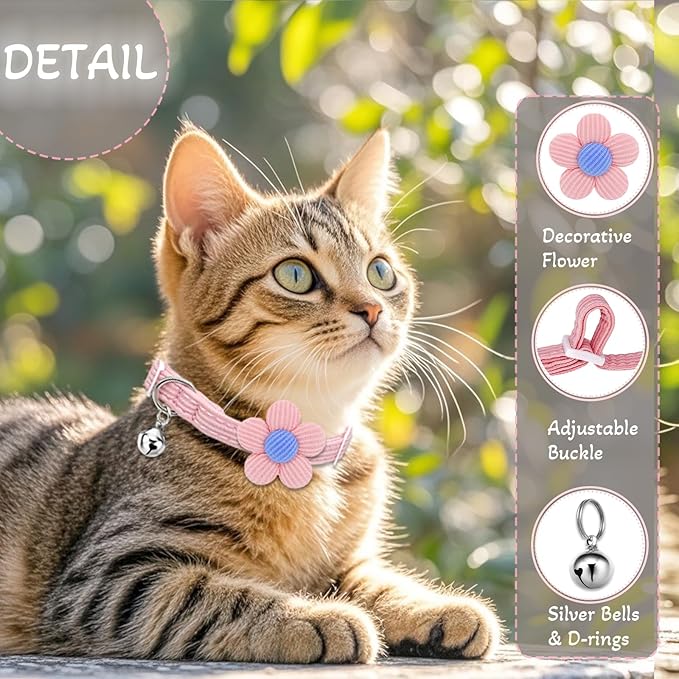 Cat Collar, HANSHILAI Kitten Collar with Bells, Cute Cat Collar Breakaway for Girl Boy with Flower,Collar para Gatos (2 Pack) (Blue & Pink)
