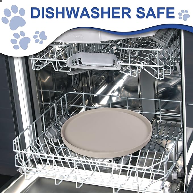 Arespark Dog Food Mat, Nonslip Waterproof Dog Silicone Feeding Bowl Mat with Raised Edges for Floors Prevent Spills, Round Eating Plate Puppy Supplies 10inch (Off White, 2 Pack)