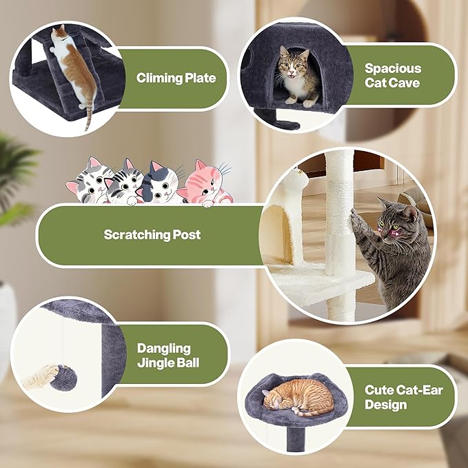 54 Inches Cat Tree Tower Condo Furniture, Multi-Level Cat Tower Condo Activity Center for Indoor Cats, Climbing Tree Cat House Padded Plush Perch, Kittens Pet Play House with Pom-pom, Pink