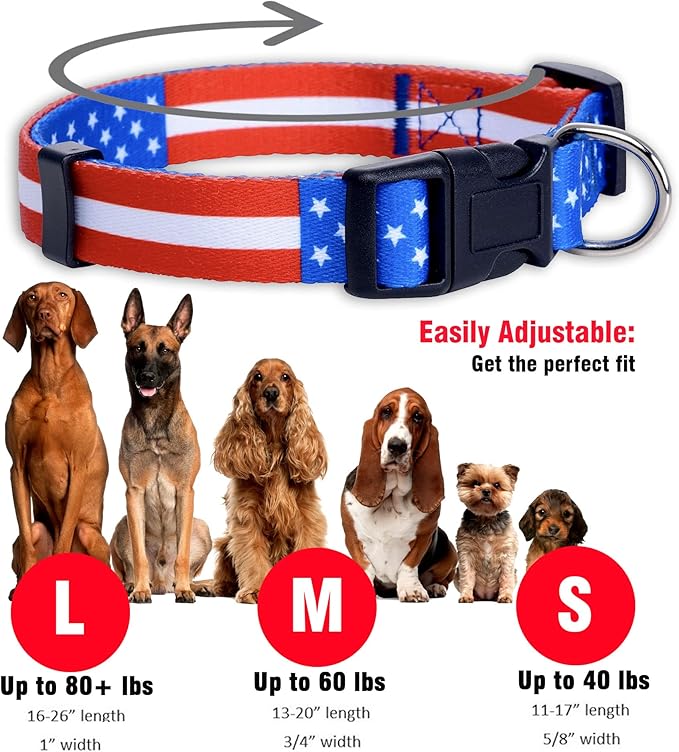 Native Pup American Flag Dog Collar- Red White and Blue- Patriotic Collars for 4th of July, USA- Adjustable Small, Medium, Large Breed Dogs (Medium, Flag I)