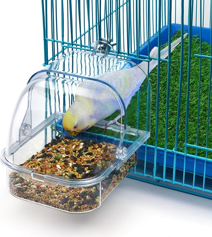 Bird Bath for Cage, Clear Birds Bathtub with Hanging Hooks, Upgraded Bird Bath Box for Cage Accessory Small Birds Parrots Cockatiel Budgies Shower Food Feeder Holder (Large)