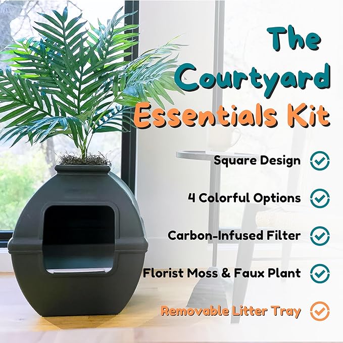 Good Pet Stuff Hidden Litter Box Planter, Decorative Cat Litter Enclosure with Carbon Filter, Artificial Plant, Easy Clean, Indoor Design, Courtyard Square Style, Essentials Kit, Black Suede