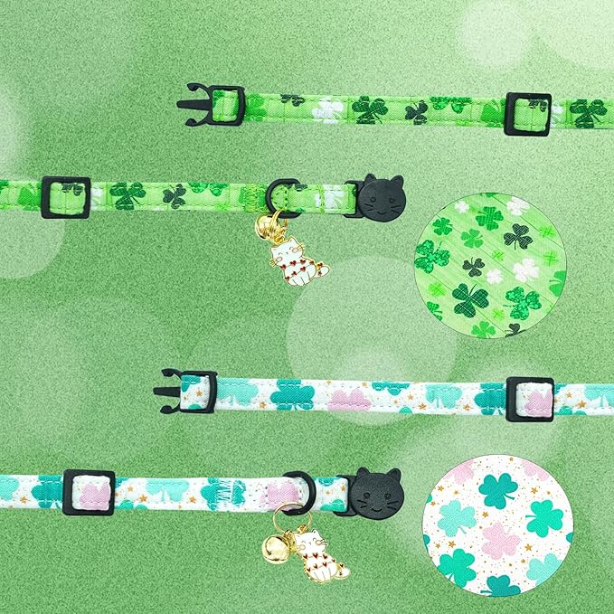 St Patrick's Day Cat Collar-2 Pack Cat Collars Trefoil Cat Collar Breakaway with Kitten and Bell Pendant Safety Buckle Cute Cotton Collar for Boy Girl Cats Gift for Cats and Small Pets