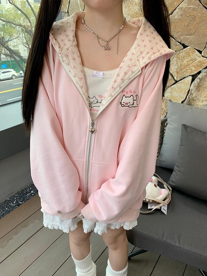 Womens Y2K Zip Up Cute Graphic Hoodies Cat Ears Casual Cartoon Harajuku Kawaii Clothes Oversize Streetwear Jacket