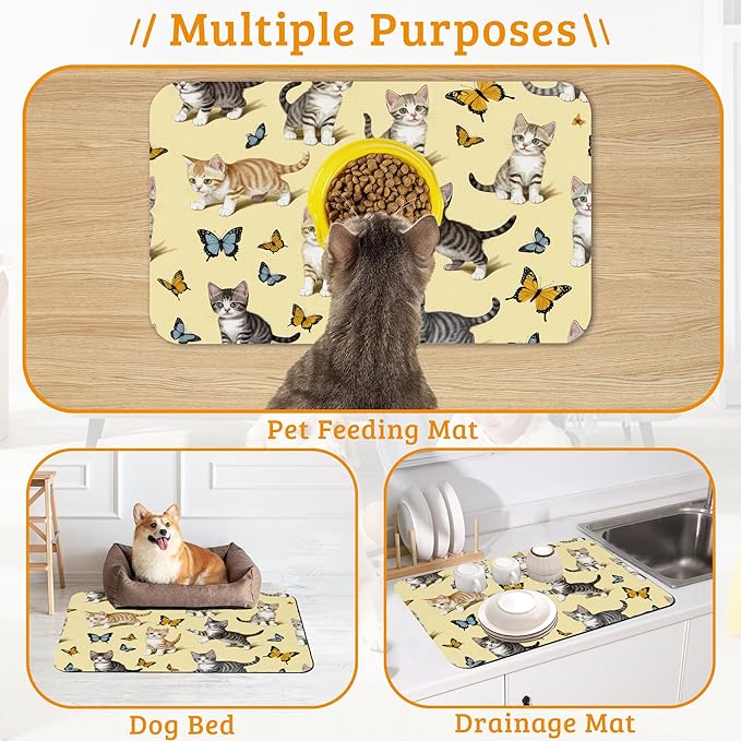 Dog Bowl Mat,Cute Cats Pet Feeding Mat for Floors Waterproof,Butterfly Absorbent Dogs Placemat for Food and Water Quick Dry Pet Cat Feeding Mats with Non Slip Bottom 16" x 24"