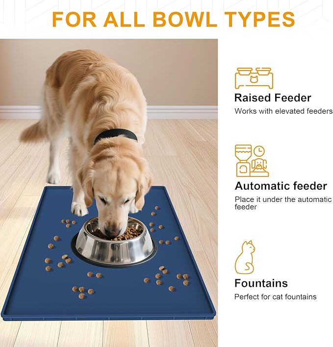Mofason Pet Food Mat Waterproof Dog Mat 24”x16” Large – 0.5” inch Raised Edge, Pet Cat Silicone Feeding Placemat Water Bowl Tray for Floors, Nonslip Washable Dog Mat for Food and Water