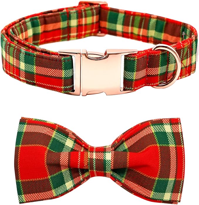 Dog Collar - Christmas Red Plaid Dog Collars Bowtie Gift Soft Bow Collar with Bow Adjustable Metal Buckle Pet Collar for Medium Dogs